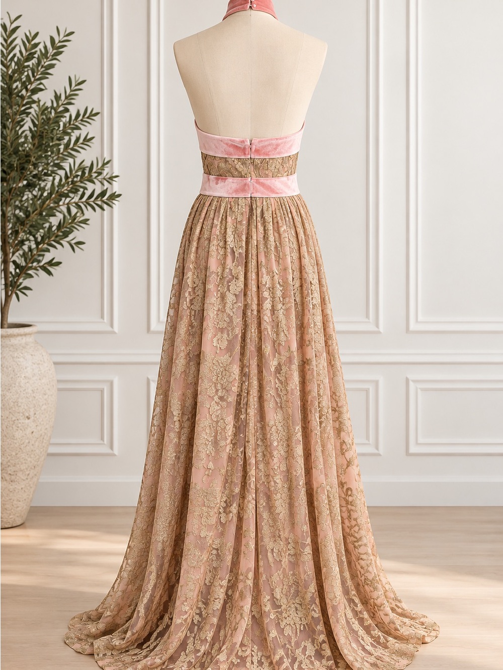 VENUS Pink and Gold One-Shoulder Lace Evening Gown - Picture 3 of 7